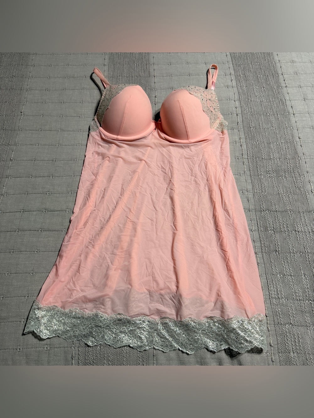 Victoria's Secret Pink Lace Trim Slip/Chemise w/ Built-In Bra Cups 36C